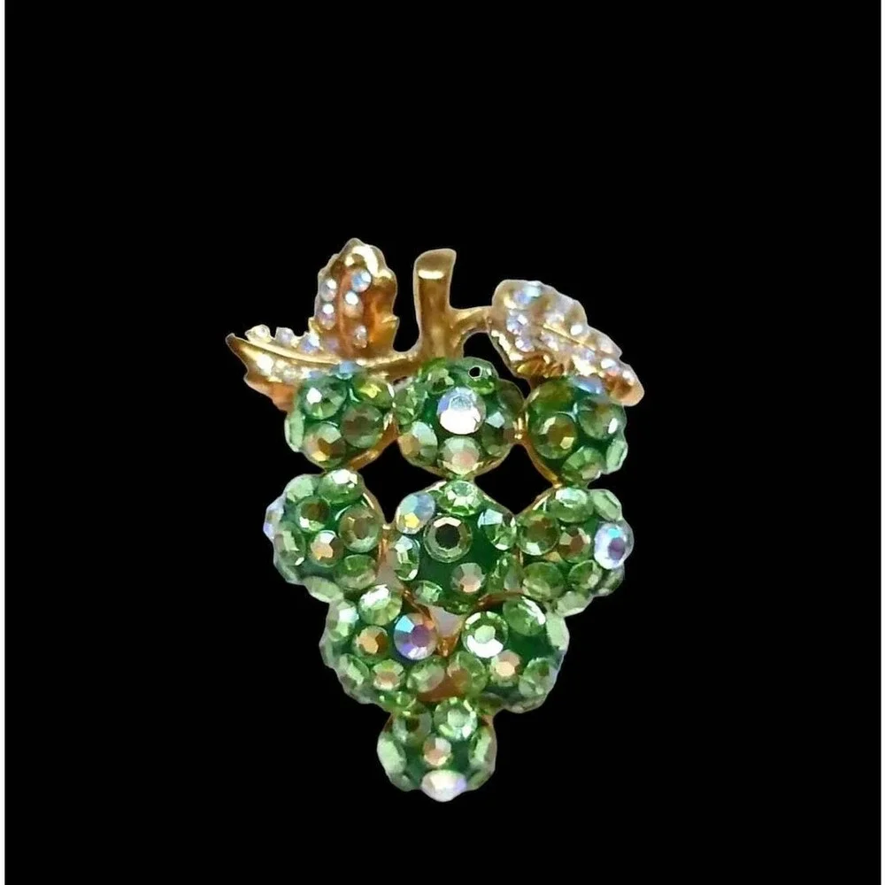 Vintage Suzanne Bjontegard Green Grape Fruit Pin Green Aurora Borealis Crystals
